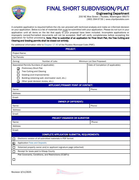 First page of the Final Short Subdivision Plat Application