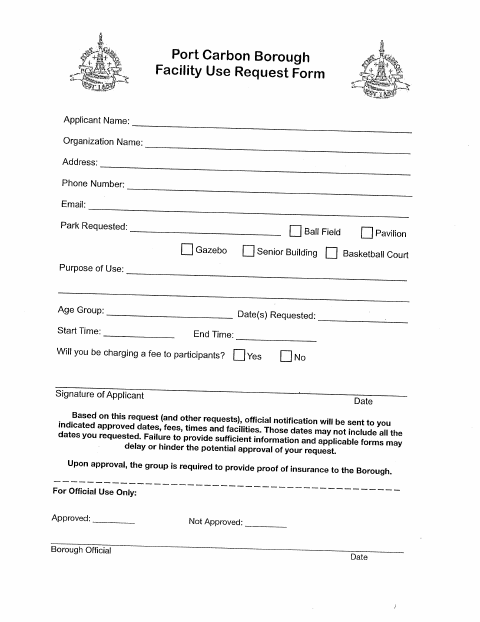 First page of the Facility Use Request Form