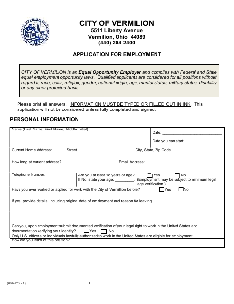 First page of the Application for Employment