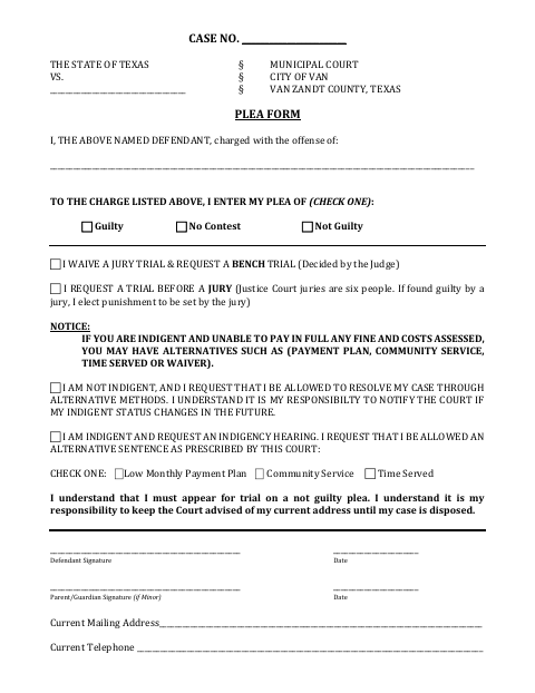 First page of the Plea Form