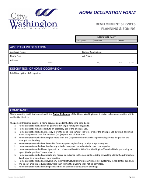 First page of the Home Occupation Form