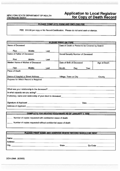 First page of the Application for Copy of Death Record