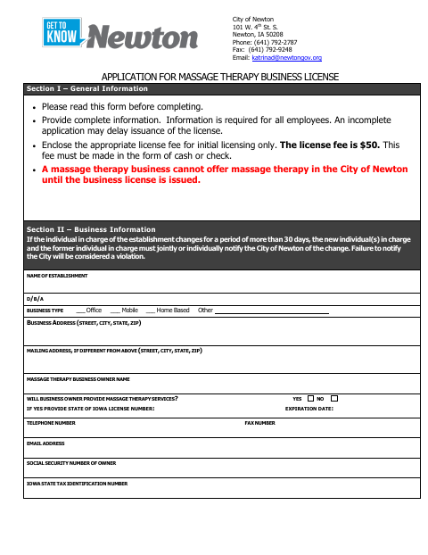 First page of the Massage Therapy Business License Application