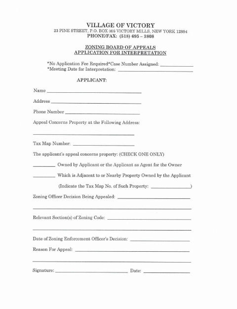 First page of the Zoning Board of Appeals Application for Interpretation
