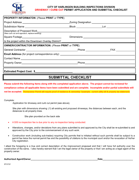 First page of the Driveway / Curb Cut Permit Application and Submittal Checklist