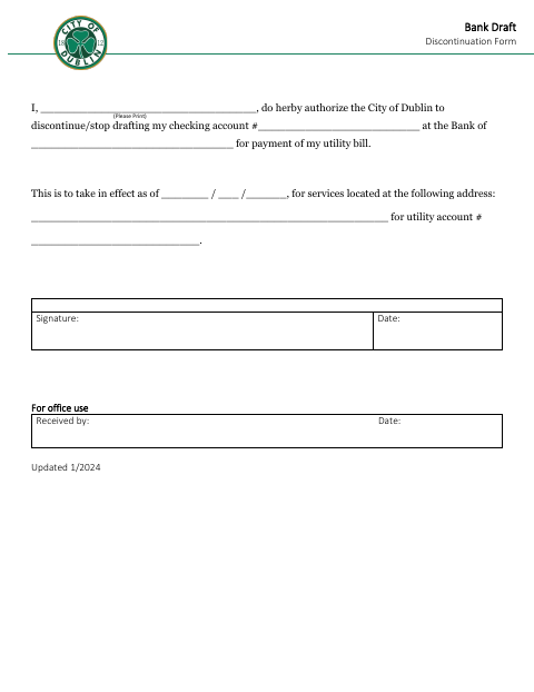 First page of the Bank Draft Discontinuation Form