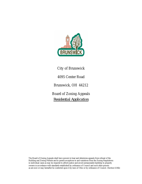 First page of the Board of Zoning Appeals Residential Application