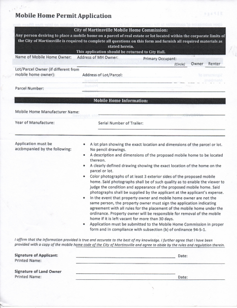 First page of the Mobile Home Permit Application