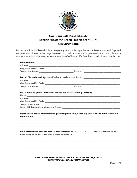 First page of the Americans With Disabilities Act Section 504 Grievance Form