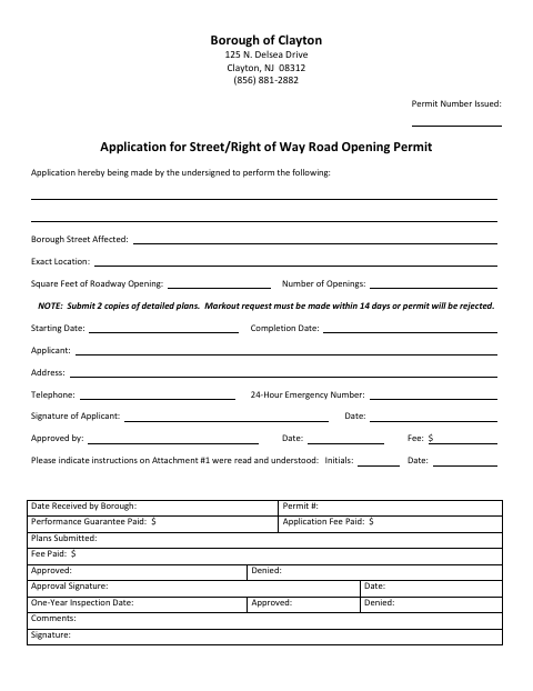 First page of the Street/Right-of-Way Road Opening Permit Application
