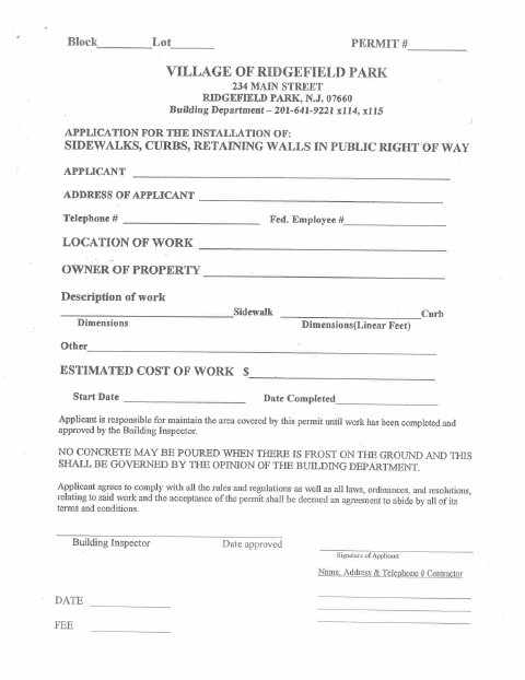 First page of the Application for Sidewalks, Curbs, and Retaining Walls in the Public Right of Way