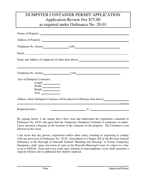 First page of the Dumpster Container Permit Application