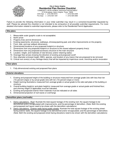 First page of the Residential Plan Review Checklist