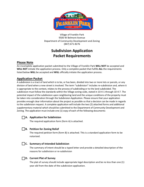 First page of the Subdivision Application Packet
