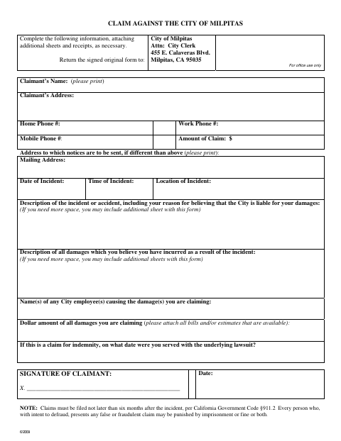 First page of the Claim Against the City