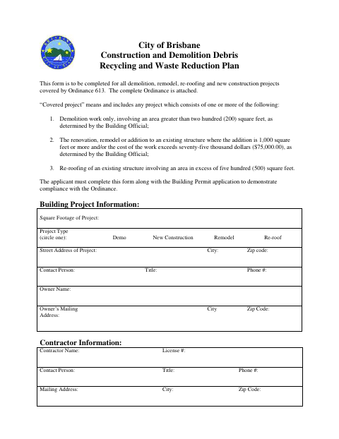 First page of the Construction and Demolition Debris Recycling and Waste Reduction Plan