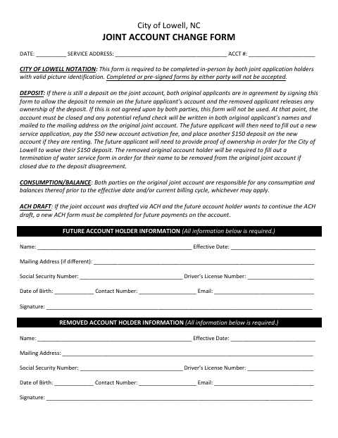First page of the Joint Account Change Form