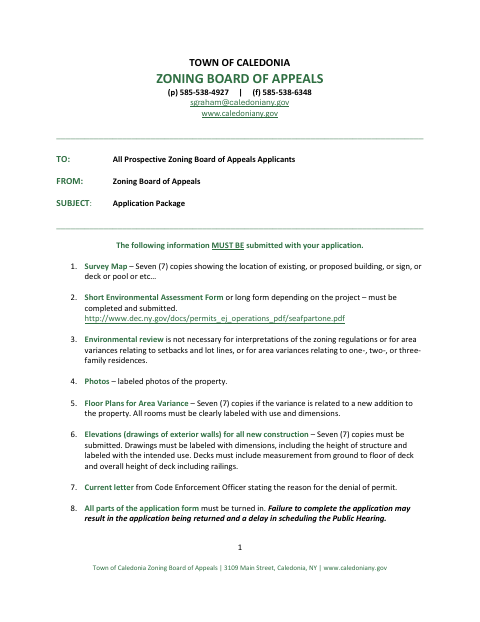 First page of the Zoning Board of Appeals Application
