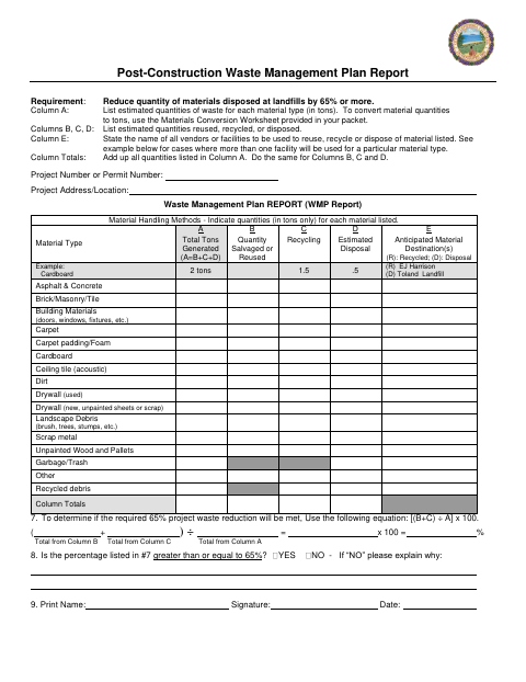 First page of the Post-Construction Waste Management Plan Report