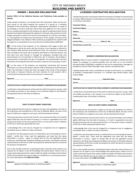 First page of the Owner / Builder Declaration