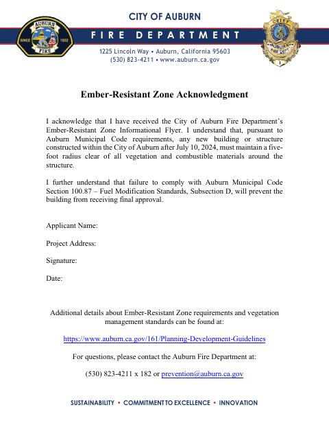 First page of the Ember-Resistant Zone Acknowledgment