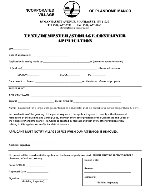 First page of the Tent/Dumpster/Storage Container Application