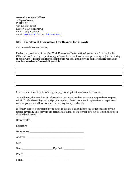 First page of the Freedom of Information Law Request for Records