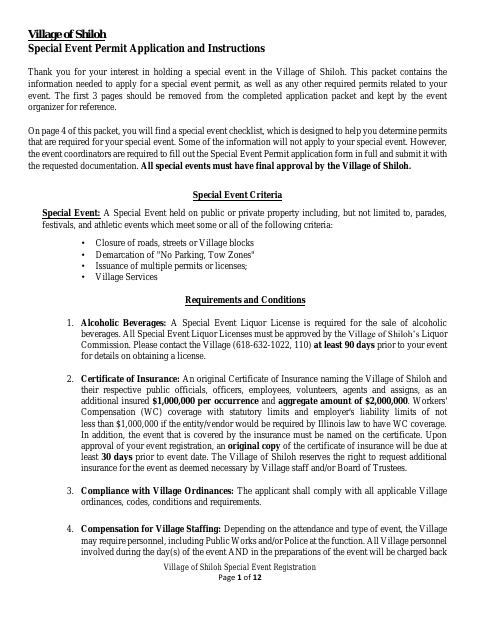 First page of the Special Event Permit Application and Instructions