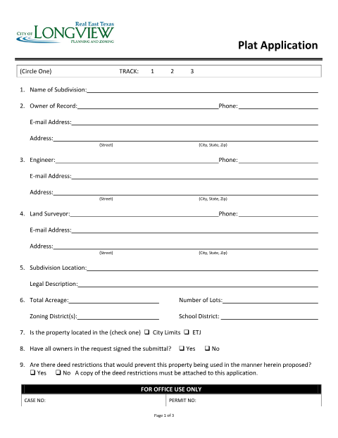 First page of the Final Plat Application