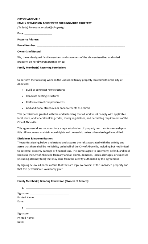 First page of the Family Permission Agreement for Undivided Property