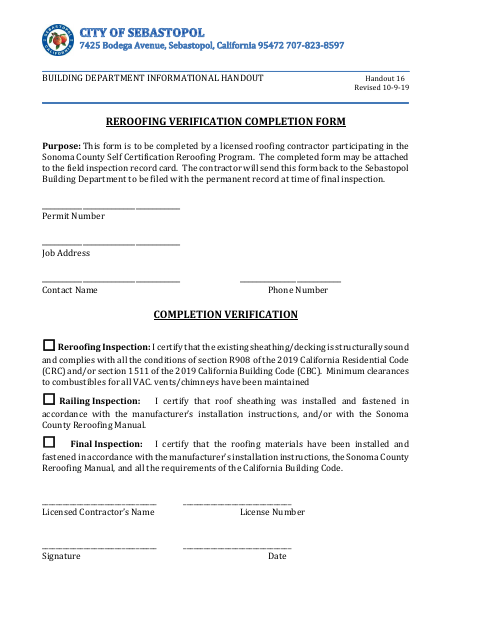 First page of the Reroofing Verification Completion Form