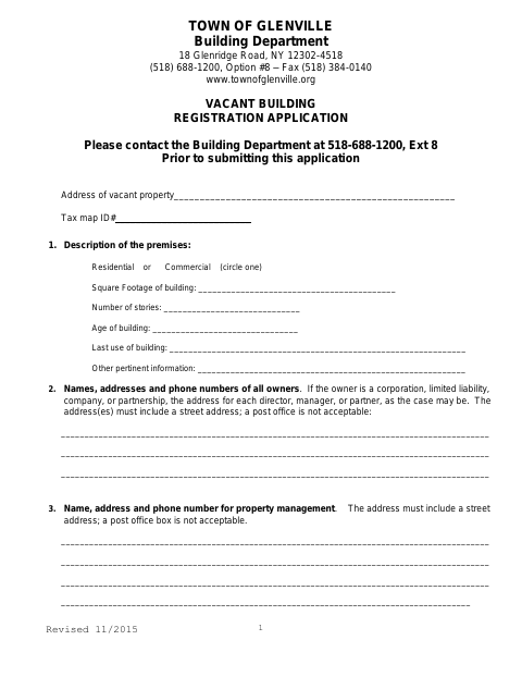 First page of the Vacant Building Registration Application