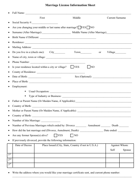 First page of the Marriage License Information Sheet