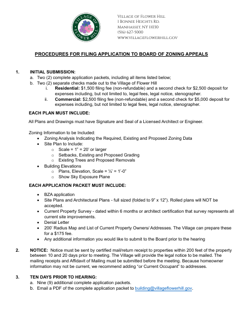 First page of the Board of Zoning Appeals Application