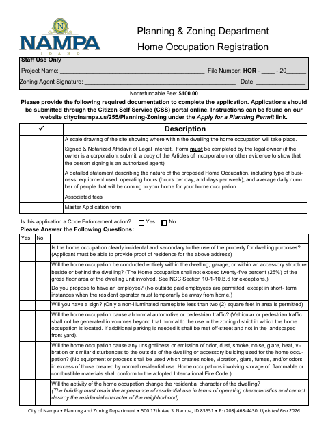 First page of the Home Occupation Registration