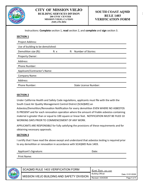 First page of the South Coast AQMD Rule 1403 Verification Form