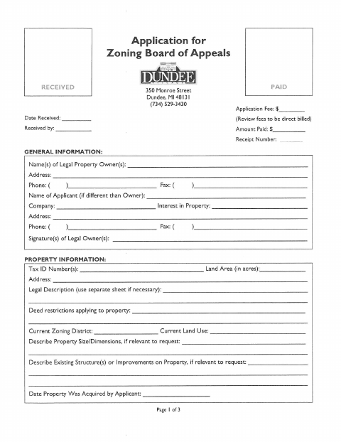 First page of the Zoning Board of Appeals Application