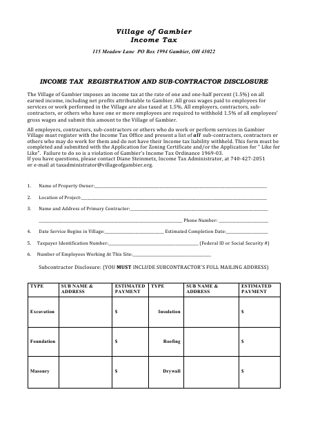 First page of the Income Tax Registration and Sub-Contractor Disclosure