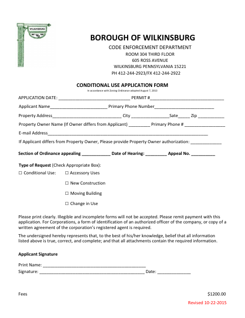 First page of the Conditional Use Application