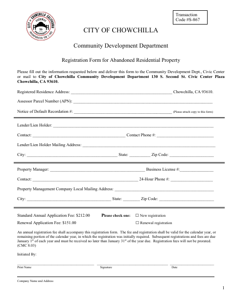 First page of the Registration Form for Abandoned Residential Property