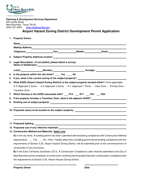 First page of the Airport Hazard Zoning District Development Permit Application
