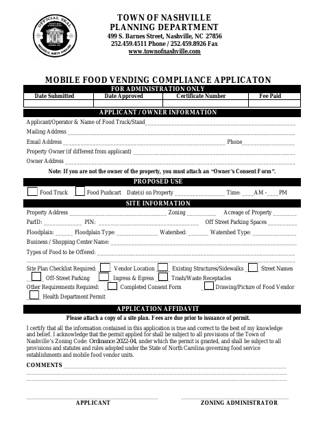 First page of the Mobile Food Vending Compliance Application