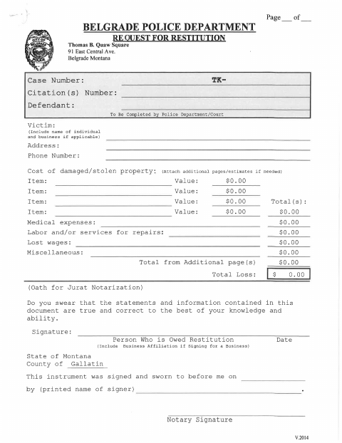 First page of the Police Restitution Request
