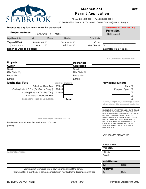 First page of the Mechanical Permit Application