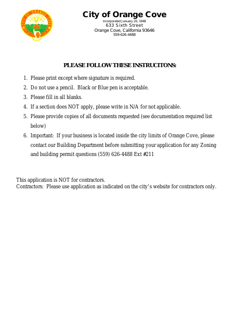 First page of the Application for Business License