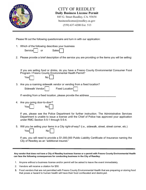 First page of the Daily Business License Permit