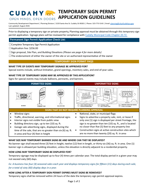 First page of the Temporary Sign Permit Application