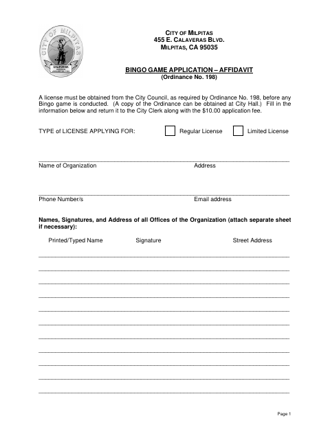 First page of the Bingo Game Application – Affidavit