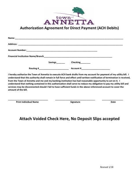 First page of the Authorization Agreement for Direct Payment (ACH Debits)