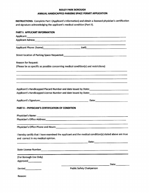 First page of the Annual Handicapped Parking Space Permit Application
